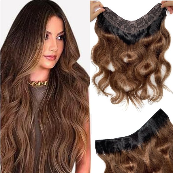 Clip in Hair Extensions Real Human Hair,Body Wave Natural Black One Piece 80g with 5 Clips Real Hman Hair Extension Full Head for Women Ombre Curly Chestnut Brown Hair Extensions 18"