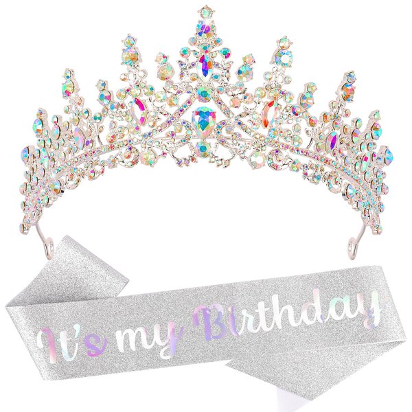 KICOSY It's My Birthday Crown and Sashes for Women Girls, Birthday Crystal Princess Tiara and Sash Set for Girl, Birthday Party Decorations Birthday Headband Gifts Birthday Accessories for Women