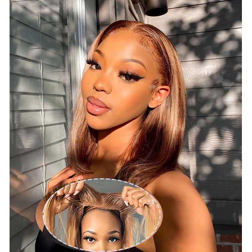 ISEE Wear and Go Glueless Wigs Human Hair Pre Plucked Ombre Highlight Bob Wig Human Hair for Women 180% Density 4x4 Straight Lace Front Wigs 10 Inch