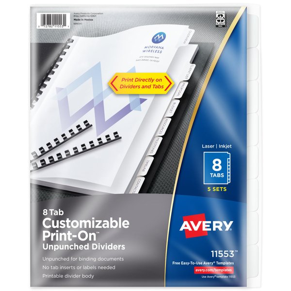 AVERY White Unpunched Print-On Dividers, 8 Tabs, 5 Sets (11553), Paper, Compatible with Laser and Inkjet Printers
