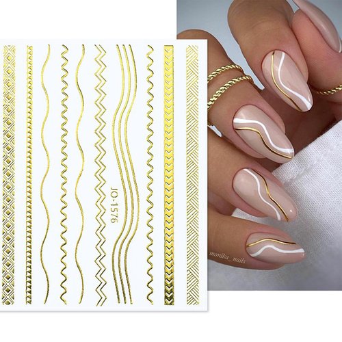 12 Sheets Gold Nail Stickers Gold Line Nail Decals 3D Self Adhesive Metal Geometric Stripe Wave Nail Sticker Gold Nail Art Designs Nail Art Supplies for Women Manicure Decorations