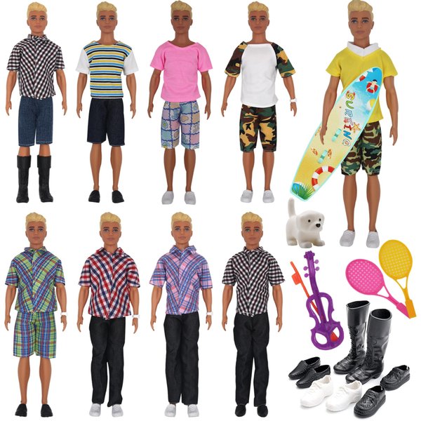 EuTengHao 25Pcs Doll Clothes and Accessories for 12 Inch Boy Dolls Includes 16 Different Wear Clothes Shirt Jeans Pants Shoes for 12'' Boyfriend Doll with Dog,2 Tennis Racket,Violin and Surfboard