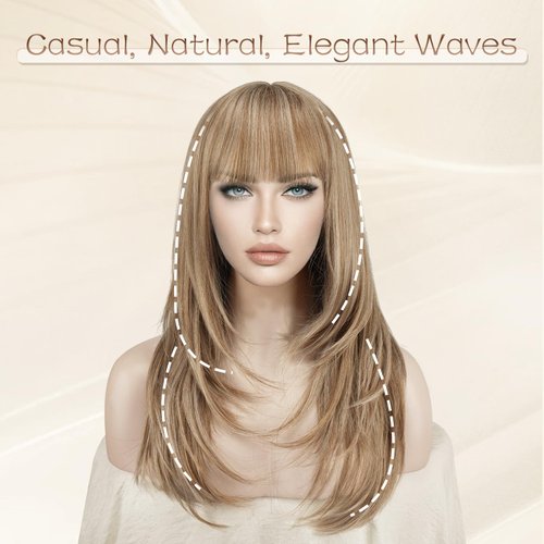 SOFEIYAN Long Blonde Wigs for Women Layered Synthetic Hair Wig With Bangs Natural Wave Wig Synthetic Heat Resistant Full Wigs for Halloween Daily Party, Cool Blonde