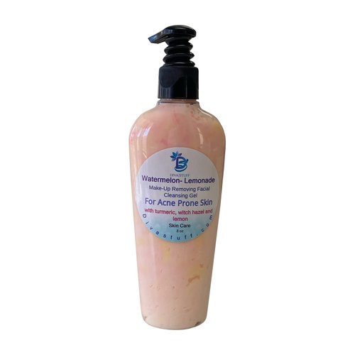 Watermelon Lemonade Make Up Removing Facial Cleansing Gel For Acne Prone Skin, With Turmeric, Watermelon Extract and Lactic Acid, 8 oz Bottle, By Diva Stuff