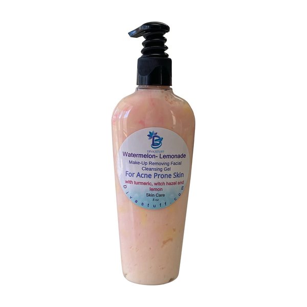 Watermelon Lemonade Make Up Removing Facial Cleansing Gel For Acne Prone Skin, With Turmeric, Watermelon Extract and Lactic Acid, 8 oz Bottle, By Diva Stuff