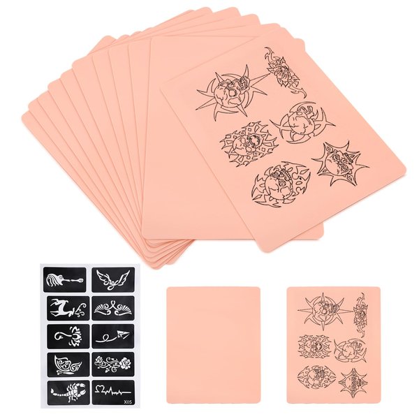 11pcs Tattoo practice skins 1.5mm double-sided tattoo fake skin silicone tattoo skin with 1pc stencils paper with pattern for tattoo supplier, Beginners and professional Artists-Kulwoyi
