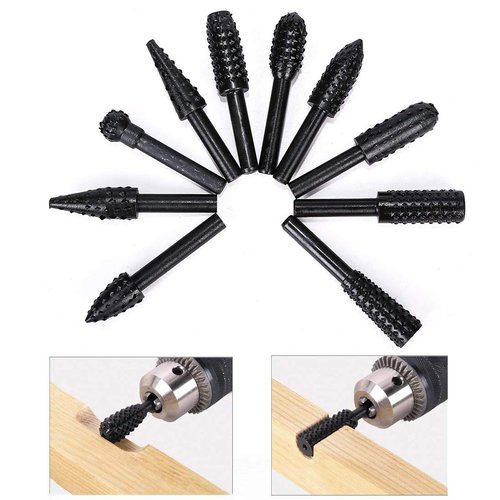 ASNOMY 10PCS Woodworking Twist Drill Bits, Wood Carving File Rasp Drill Bits 6.3mm(1/4") Shank Electrical Tools Woodworking Rasp Chisel Shaped Rotating Embossed Grinding Head with Storage Bag
