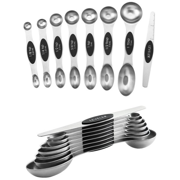 Spring Chef Stainless Steel Magnetic Measuring Spoons Set of 8 with Leveler, Dual Sided Metal Teaspoon & Tablespoon Measuring Spoons, Nesting Kitchen Gadgets for Baking & Cooking - 2 Pack - Black
