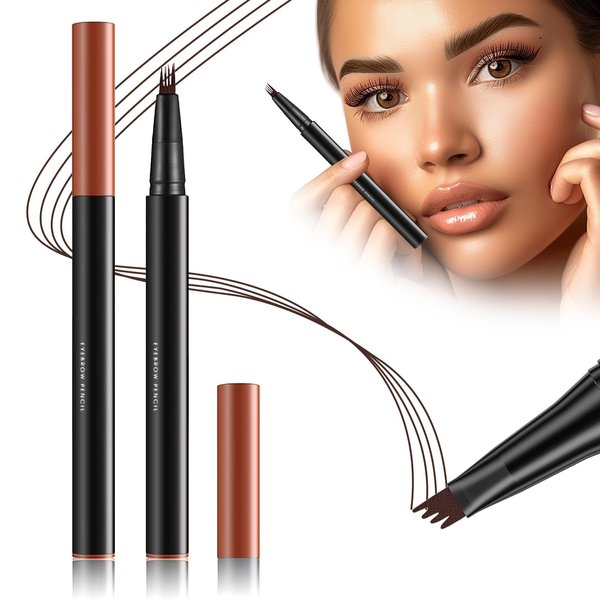 Magic Eyebrow Pencil 4-Tip, 3D Waterproof Sweat-proof Microblading Eyebrow Pencil Contouring Pen with 4 Fork, Long Lasting Eyebrow Microblade Eyebrow Pencil (Dark Brown)