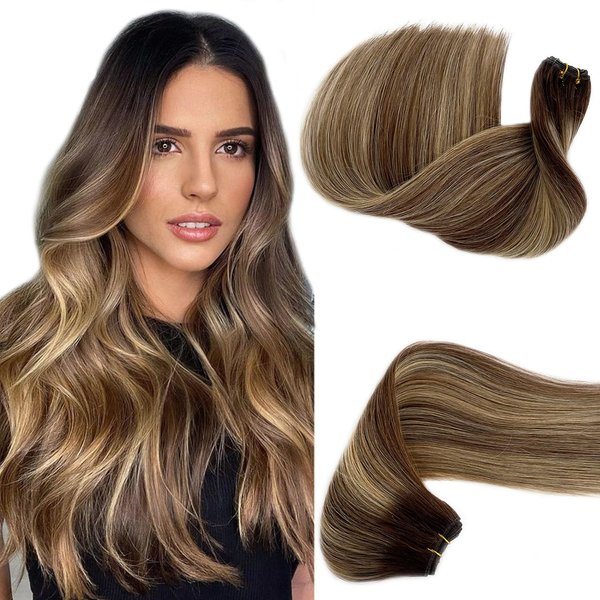 Hand Tied Weft Hair Extensions Human Hair 16 Inch Sew in Hair Extensions Real Human Hair Sew in Hair Bundles Ombre Balayage Medium Brown to Honey Blonde Human Hair Weave Bundles Sew in Hair Wefts