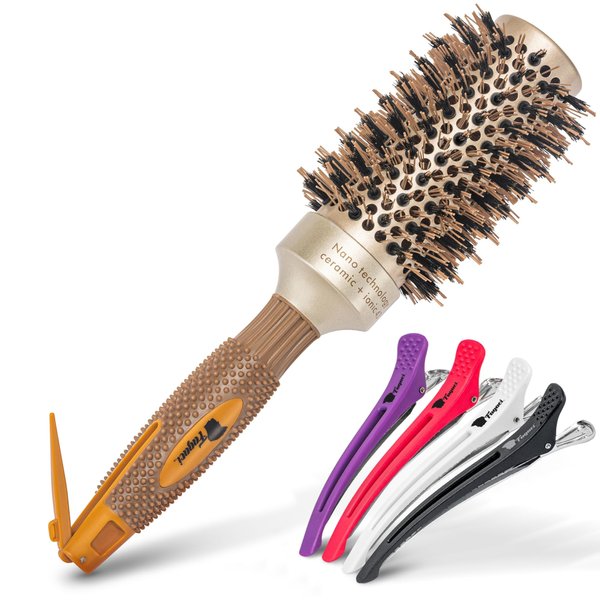 Fagaci Professional Round Brush for Blow Drying with Natural Boar Bristle, Round Brush | Nano Technology Ceramic + Ionic for Hair Styling, Drying, Healthy Hair, Volume | Hair Brush + 4 Styling Clips