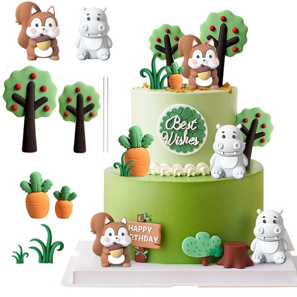 Woodland Animals Cake Toppers with Squirrel hippo, jungle animals Cake Decorations for Woodland Theme Birthday Party Supplies