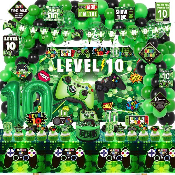 KOTLMIGHT 10th Birthday Decorations for Boys, 148Pcs Green Video Game level 10 Party Supplies for Boy 10th Birthday - Backdrop, Banner, Balloons, Tablecloth, Centerpieces, Hanging Swirls, Wall Signs