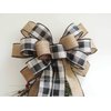Rustic Farmhouse Black Tan Check, Christmas Wreath Bows, Tan Black Check Everyday Wreath Bow, Black beige Check Accent Christmas Bow, Burlap Black Cream Plaid Swag Bow