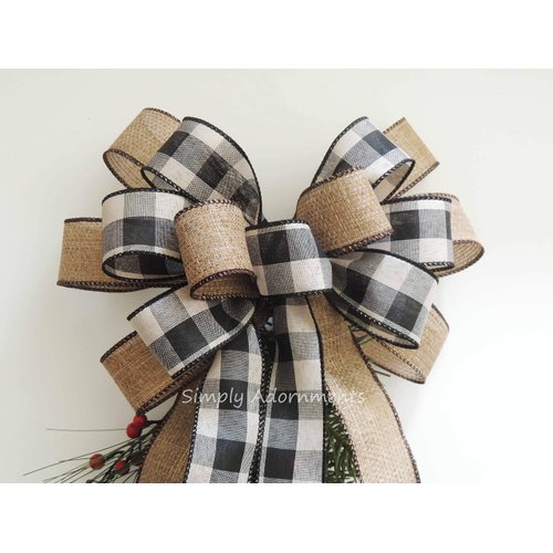 Rustic Farmhouse Black Tan Check, Christmas Wreath Bows, Tan Black Check Everyday Wreath Bow, Black beige Check Accent Christmas Bow, Burlap Black Cream Plaid Swag Bow