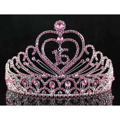 Sweet Sixteen 16 Birthday Party Rhinestone Tiara Crown w/Hair Combs T1629p Pink