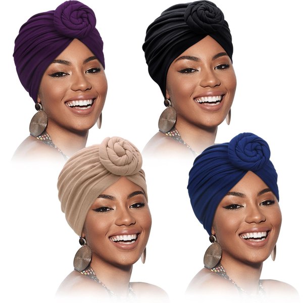 SATINIOR womens 4 Pieces African Pattern Headwrap Pre-Tied Bonnet Turban Knot Beanie Cap Headwrap Hat, Purple, Black, Navy, Camel