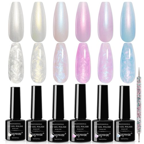 SUPWEE Pearl Gel Nail Polish Shimmer Mermaid Gel Polish White Pink Purple Blue Glitter Nail Polish Pearlescent Nail Gel Shell Swirl Thread Effect Soak Off UV LED Gel for Salon Home Manicure 6 Colors