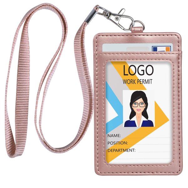 Teskyer Badge Holder with Lanyard, Leather ID Name Badge Card Holder with Lanyard for ID Badges, Vertical Rose Gold