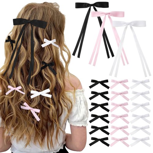 6Pcs Hair Ribbons for Women Hair Clips Tassel Ribbon Bowknot With Long Tail Solid Hair Ribbon for Girls (White/Black/Pink)
