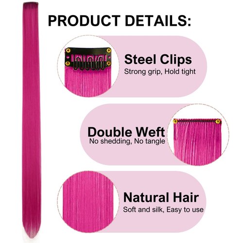 Hair Extensions Rose Pink Colored Clip in Hair Extensions Straight Synthetic Feather Colorful Hair Extensions for Kids Women Festival Party 22 inch
