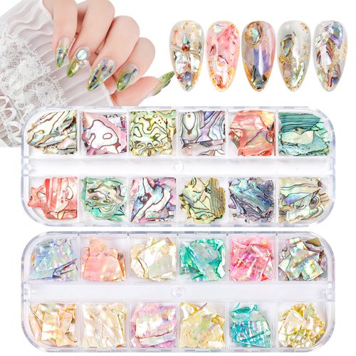 24 Grids Seashell Nail Art Nail Flakes, Wsimily Irregular Abalone Seashell Slices for Nails Colorful Abalone Flakes Manicure Mermaid Slices UV Gel Flake Nail Decorations for Nail Art