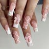 DOCVOEOMH Press on Nails Medium Long Square 3D Bow Acrylic French White Pink Fake Nails with Flower Design Glue on Glossy Full Cover Artificial Gel False Stick on Nail for Girls Women Wedding 24Pcs
