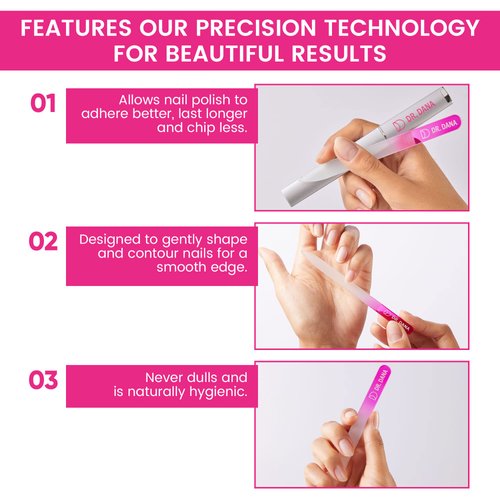 Dr. Dana Glass Nail File with Case - This Premium Glass fingernail File for Natural Nails is a Double-Sided Etched Crystal Nail File with Protective Travel case. Professional Nail File by Dr. Dana.