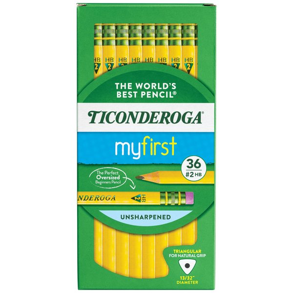 Ticonderoga My First Tri-Write Wood-Cased Pencils, Unsharpened, 2 HB Soft, With Erasers, Yellow, 36 Count