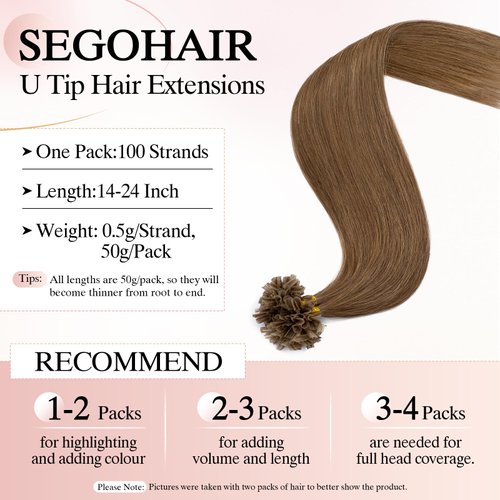 SEGOHAIR U Tip Hair Extensions Human Hair Pre Bonded Extensions Keratin Fusion Extensions K Tip Hair Extensions Real Human Hair Silky Straight Natural 50g/100 Stands 16" Light Brown
