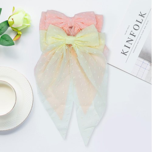 GOORAIFU Hair Bows for Women, 2pcs Beige Pink Hair Clips Girls, Hair Barrettes with Long Tail Chiffon Ribbons Cute Hair Accessories