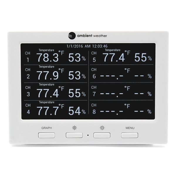 Ambient Weather WS-3000-X5 Thermo-Hygrometer Wireless Monitor w/ 5 Remote Sensors - Logging, Graphing, Alarming, Radio Controlled Clock