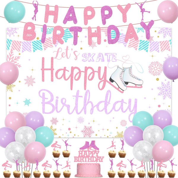 Wonmelody Ice Skating Birthday Party Supplies for Girl with Let’s Roll Skate Happy Birthday Backdrop Pink and Purple Roller Skate Happy Birthday Banner Cupcake Toppers Party decors for 1th 10th Girls