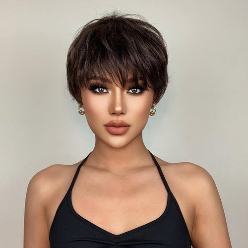Mystylecos Black-brown Wig With Bangs Synthetic Wigs For Black Women Natural Wave Short Wigs for Women