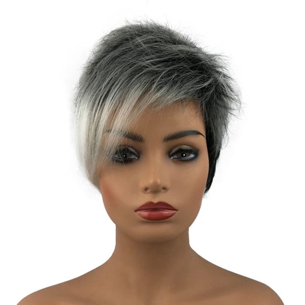 Wiginway 6'' Short Straight Wig for Women Ombre Gray Black Wigs Side Bangs Layered Punk Nightclub Party Wigs