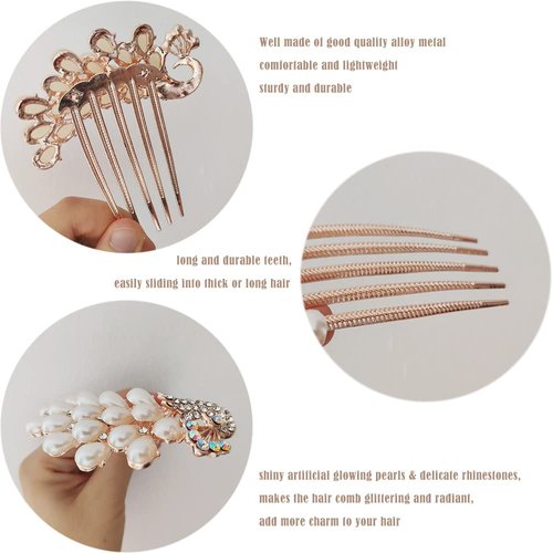 2 Pcs Pearl Hair Comb Flower Hair Side Combs Clip Peacock Twist Comb Rhinestone Decorative Hair Combs for Women Accessories