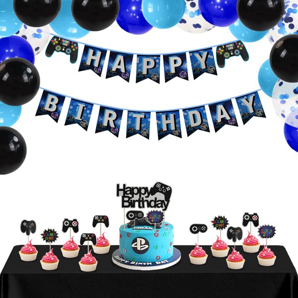 BIEUFBJI Video Game Party Supplies Boys Birthday Party Decorations Happy Birthday Banner, Cake Topper, Swirl, Tablecloths and Balloons, for Kid Birthday Decoration