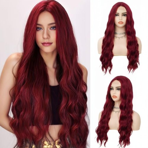 Salaibs Red Long Curly Wavy Wigs for Women Synthetic Lace Front Wigs Heat Resistant Natural Hair Wig for Halloween Daily party