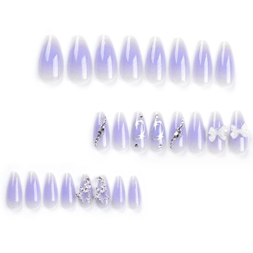 Hkanlre Long Almond Press on Nails Bow Fake Nails Tips Full Cover False Gradient Nails for Women and Girls 24PCS