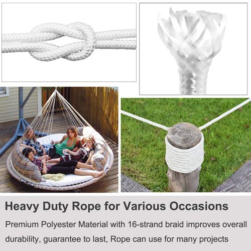 EKEV 1/4" Diameter 50 Ft Flag Pole Rope with 2 Pcs Swivel Snap Hooks - Flagpole Line Rope with Swivel Eye Bolt Clips Hardware Kit for Clothesline, Swing, Climbing, Camping