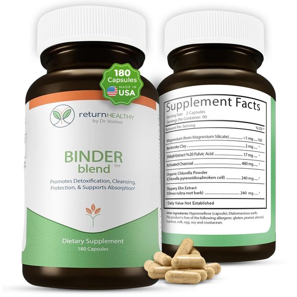 Binder Blend - Toxin Binder Supplement, Detox Capsules for a Healthy Gut - 180 Capsules - 90 Servings - 960mg Activated Charcoal & 480mg Organic Chlorella - Bloating Relief - Bentonite Clay