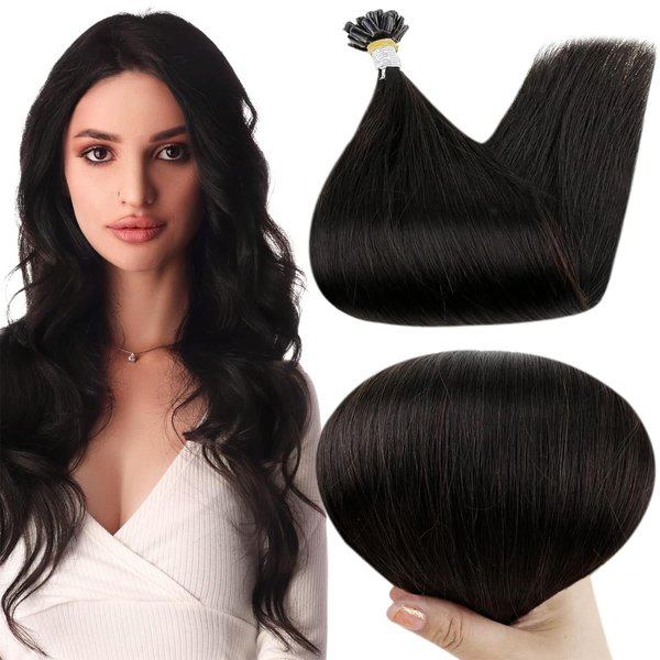 Full Shine Black Hair Extensions 16inch U Tip Hair Extensions Natural Black Keratin Hair Extensions Real Human Hair 1B Remy Hair Extensions Fusion Tip Hair Extensions 50g/Package for Party