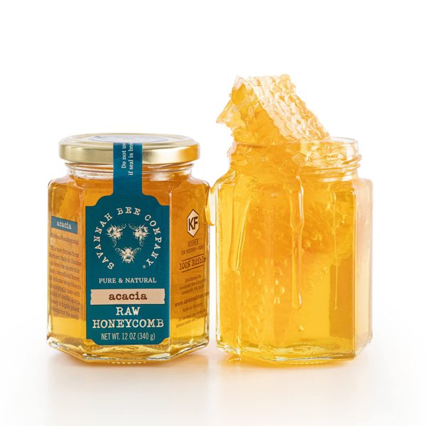 Savannah Bee Company Pure Raw Acacia Honeycomb - All Natural, Unfiltered Honeycomb (12 Ounce Hexjar)