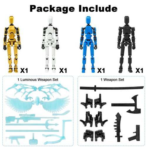 FAMOPLAY 4PCS T13 Action Figure Already Assembled,Dummy 13 Action Figure, Titan 13 Action Figure, Robo 13 for Collectors Desktop Decoration,Boys Multi Movable Joints Toys(Golden+White+Blue+Black)