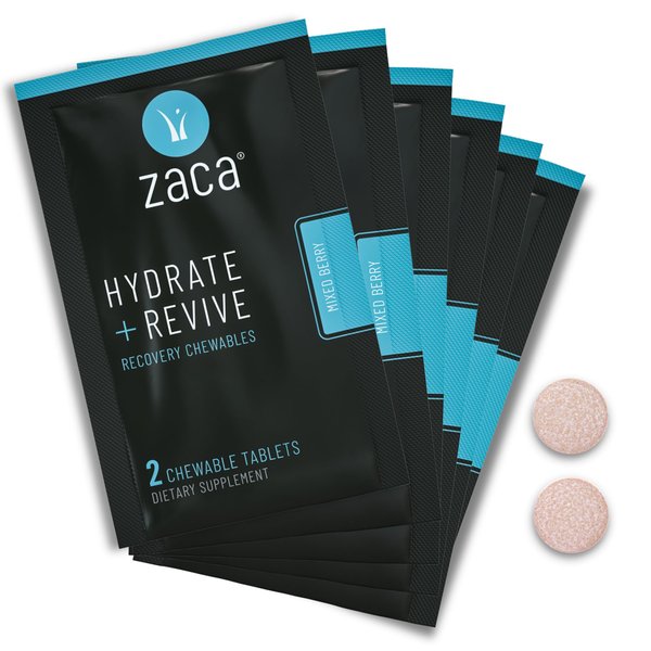 Zaca Recovery Chewable Supplement | Hydrate + Revive | Party, Travel, Exercise & Altitude | Sugar Free & Gluten Free | Mixed Berry, 6 Packs = 12 Tablets