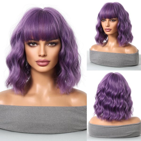 Tumhorn Purple Short Bob Wigs with Bangs Wavy Wig Curly Shoulder Length Synthetic Cosplay Wig for Women Colorful Costume Wigs
