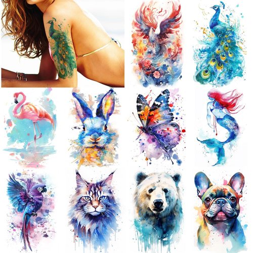 Jctato Watercolor Temporary Tattoos of Beautiful Animals Realistic for Adults, Aesthetic Sleeve Tattoos Half Arm for Women Girls, Long Lasting Fake Tattoos Full Arm for Kids,Cute Style Tattoo