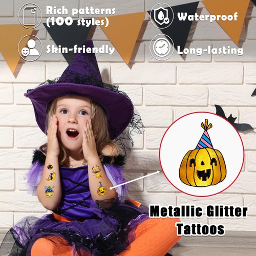 Partywind Metallic Glitter Halloween Temporary Tattoos for Party Decorations, 100 Styles Halloween Tattoo Stickers for Party Supplies Favors, Halloween Kids Treats Goodie Bag Stuffers (6 Sheets)