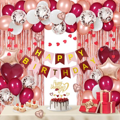 MSMANCY Red Birthday Decorations for Women with HAPPY BIRTHDAY Banner Curtains Heart Star Balloons for 16th 18th 21st 30th 40th 50th 60th Burgundy Birthday Party Supplies (Wine Red)
