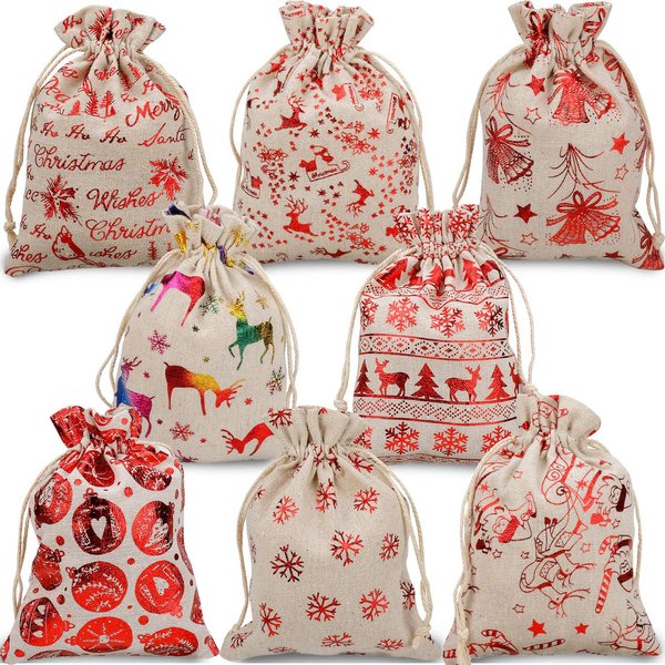 Konsait 16pack Metallic Christmas Drawstring Bags Burlap, Bronzing Christmas Bag Pouch Candy Bag Treat Bag Goody Bags for Candy Wrapper Birthday Christmas Party Favor Supplies